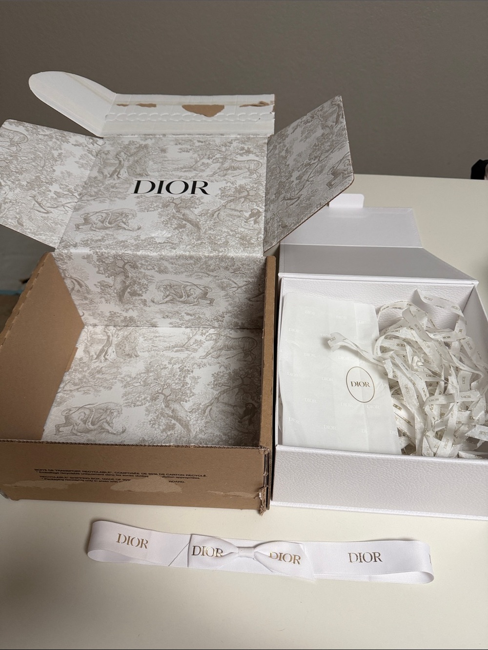 Dior White Ribbon and Branded Packaging Set with Gold Logo